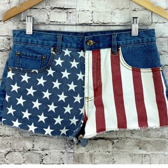 US Flag Distressed Denim Shorts